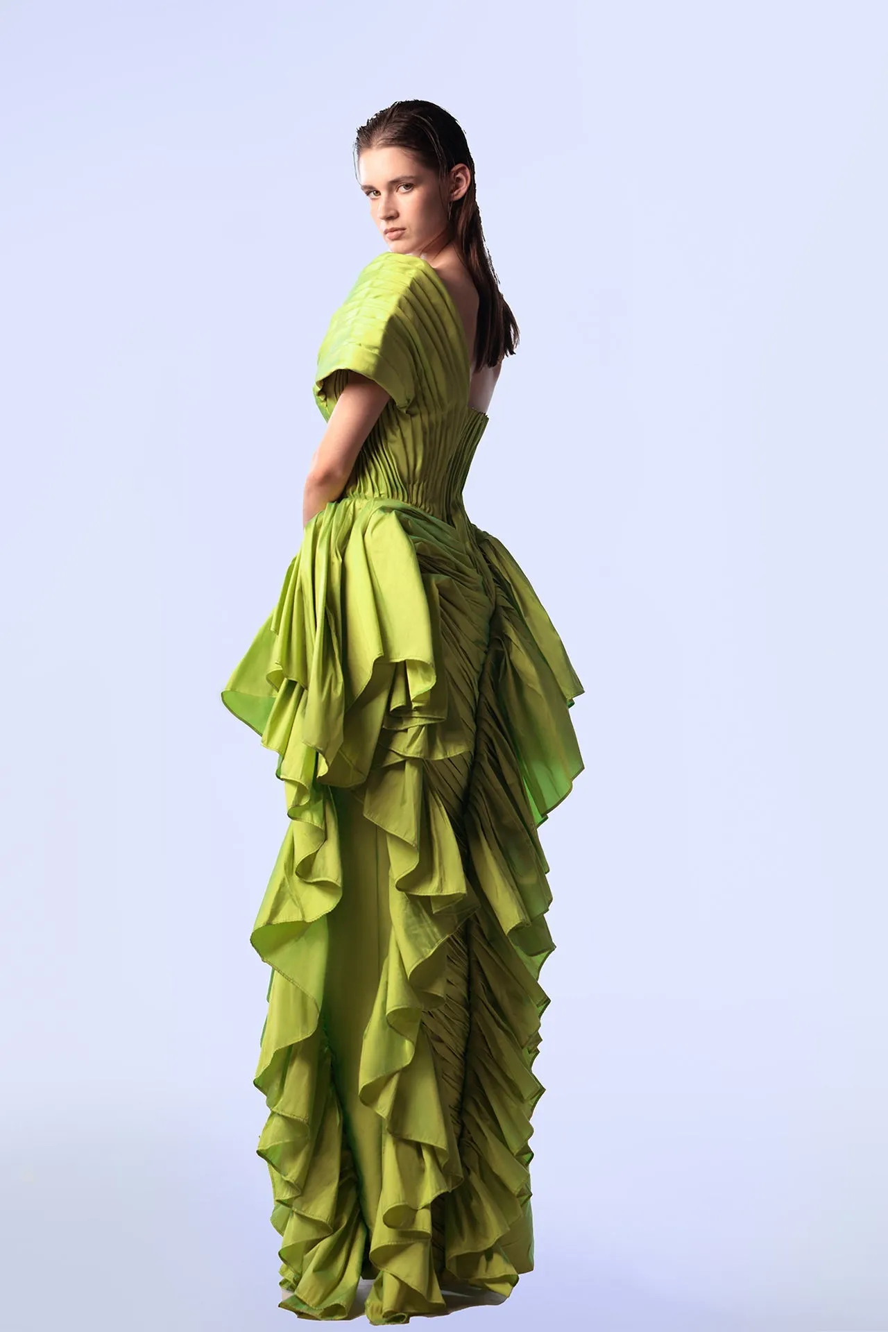 Taffeta One-Shoulder Draped Dress with Ruffles