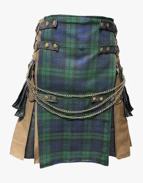 TARTAN APRON IN BLACK AND BROWN GOTHIC HYBRID KILT WITH A BLACK WATCH