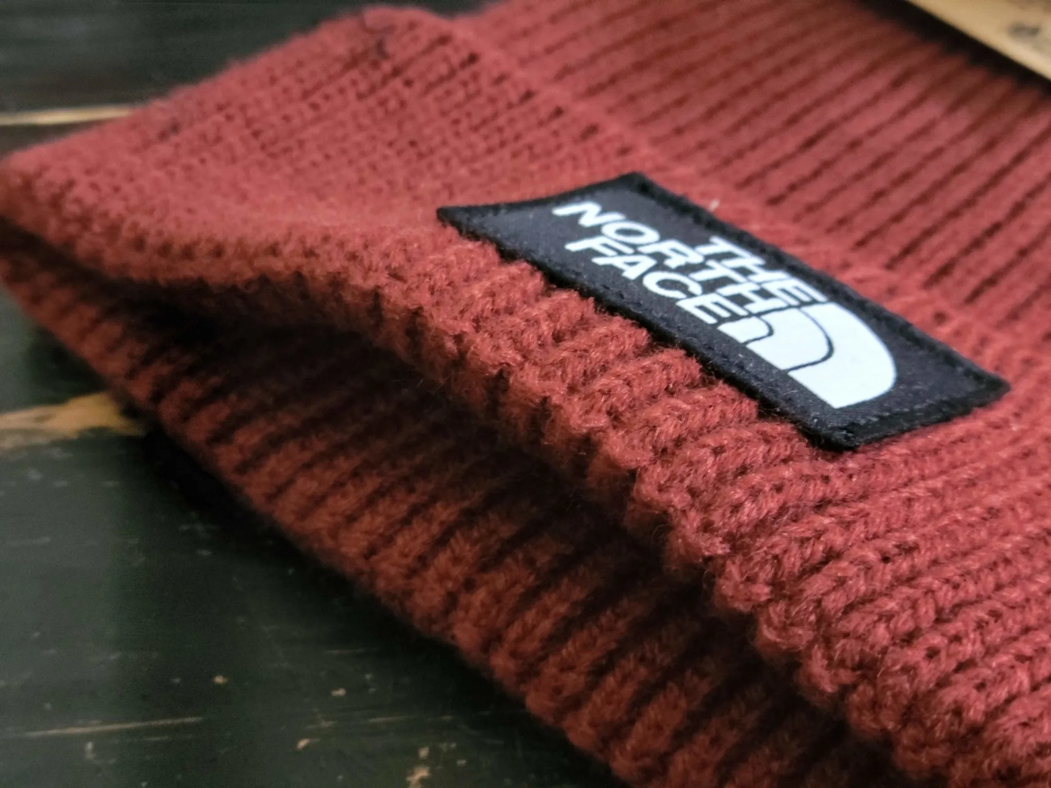 The North Face TNF Logo Box Cuff Brick House Red Beanie Hat OSFM