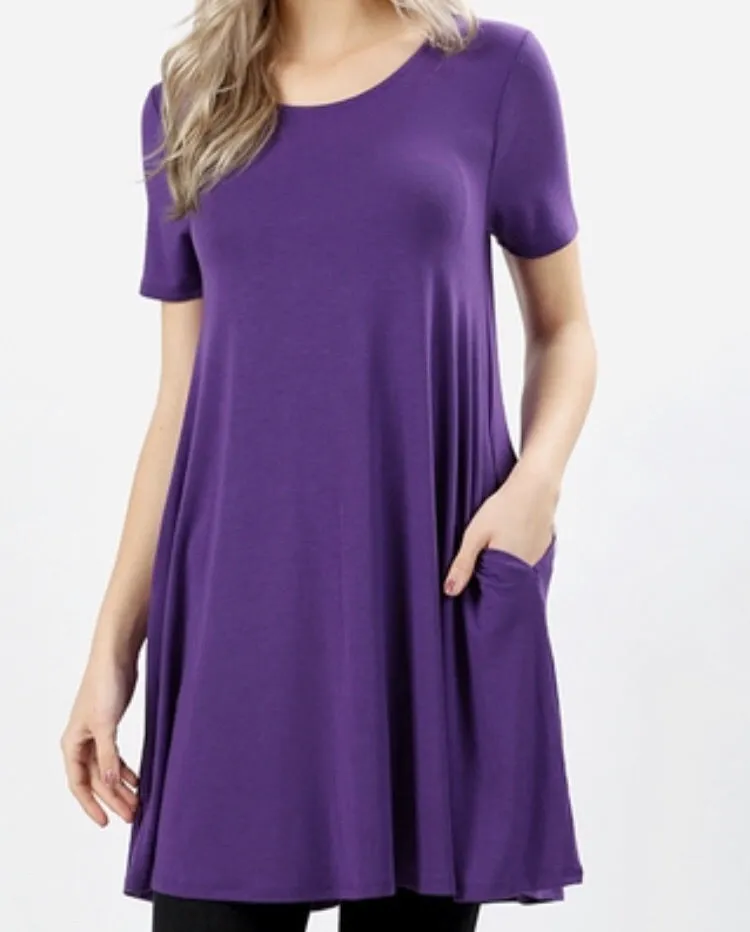 Tops, Straight Hem Round Neck Tunic w/Pockets