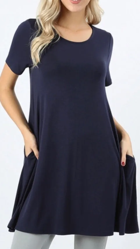 Tops, Straight Hem Round Neck Tunic w/Pockets