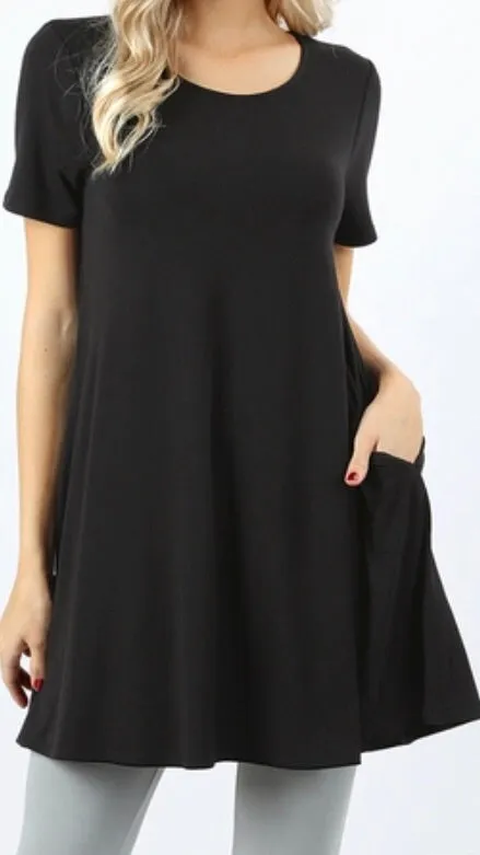Tops, Straight Hem Round Neck Tunic w/Pockets