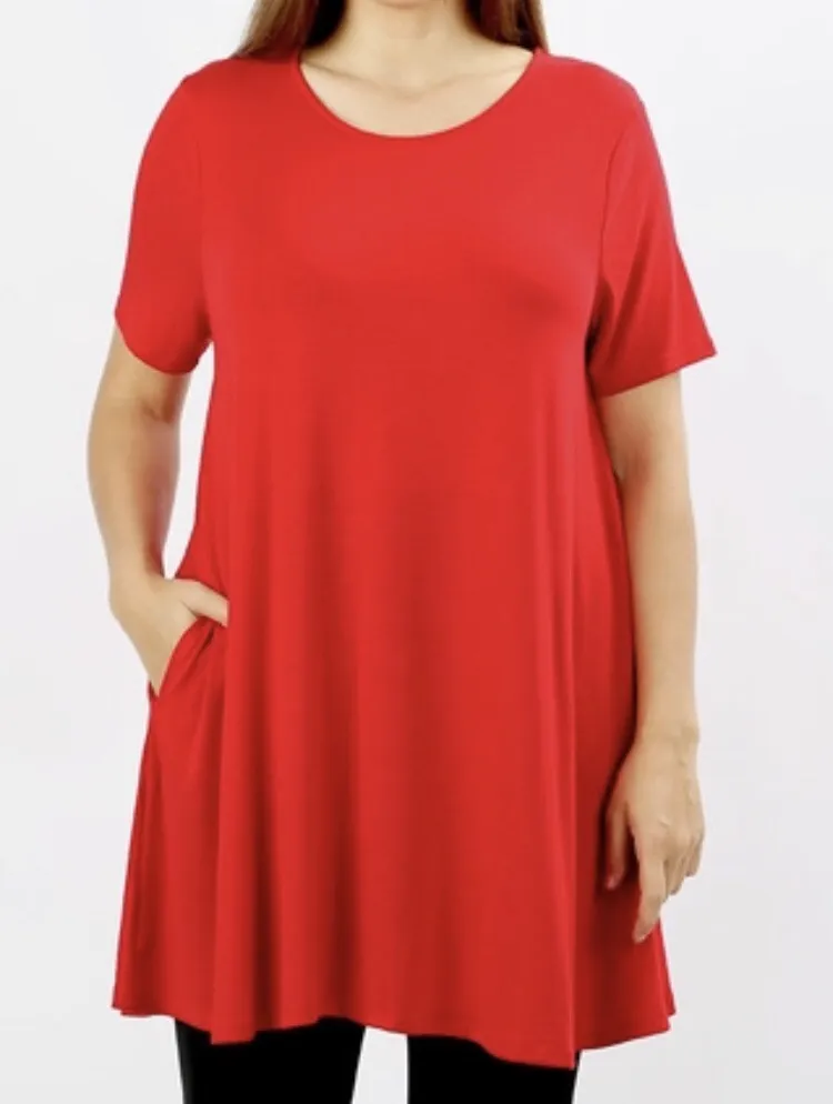 Tops, Straight Hem Round Neck Tunic w/Pockets