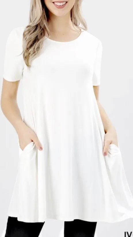 Tops, Straight Hem Round Neck Tunic w/Pockets