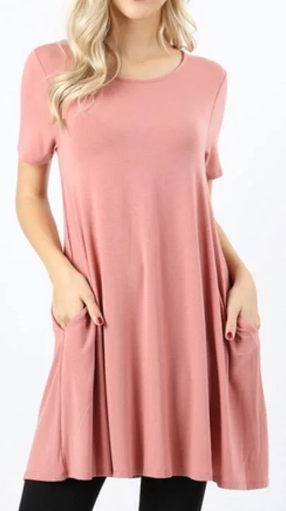 Tops, Straight Hem Round Neck Tunic w/Pockets