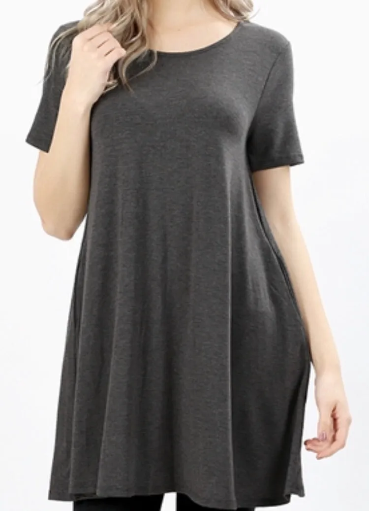 Tops, Straight Hem Round Neck Tunic w/Pockets