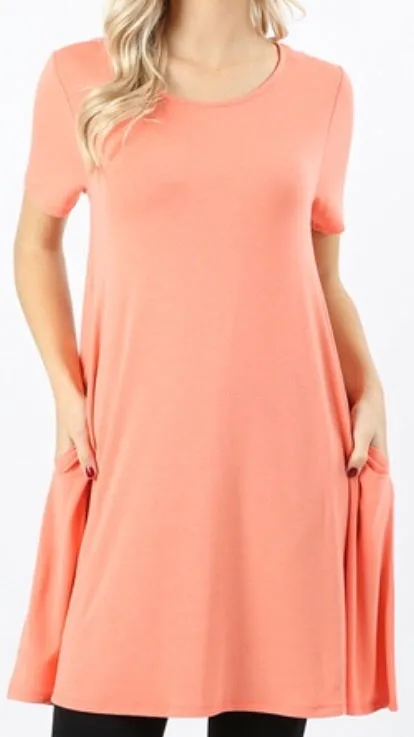 Tops, Straight Hem Round Neck Tunic w/Pockets