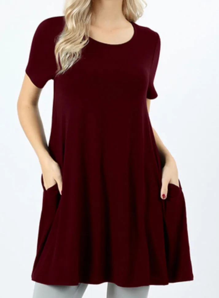 Tops, Straight Hem Round Neck Tunic w/Pockets