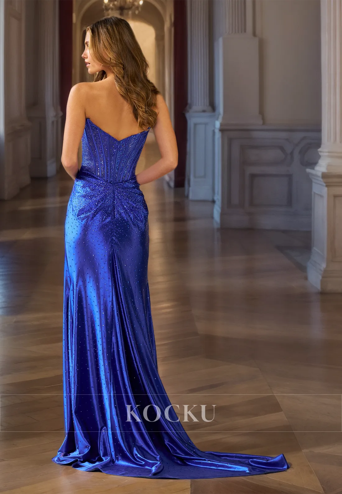 Tube Top Sheath Prom Dress Stripe Sleeveless High Split Train Pleated Evening Dress with Beaded