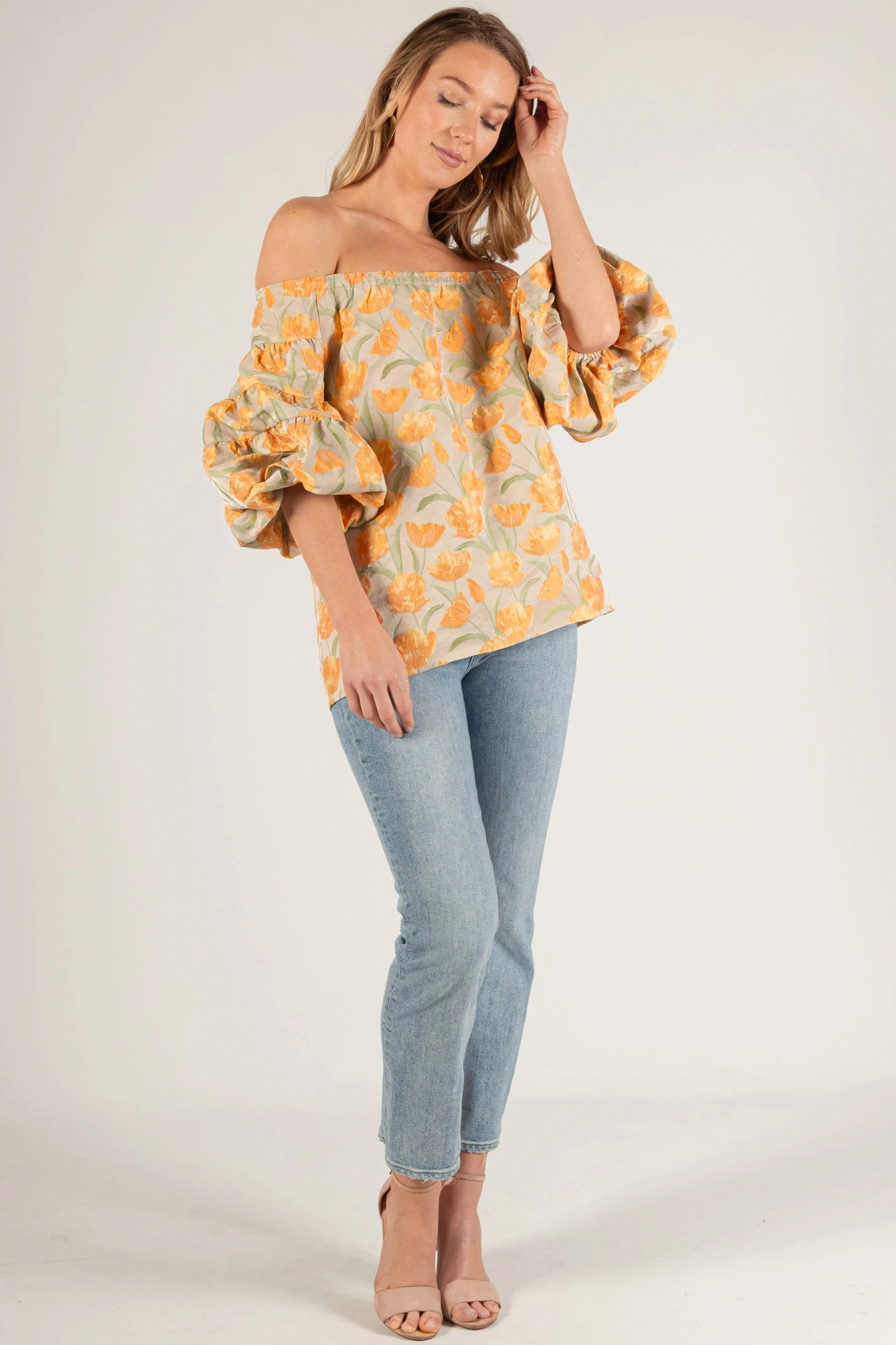 Tulip Jacquard Puff Sleeve Off Shoulder Top: Tangerine Multi