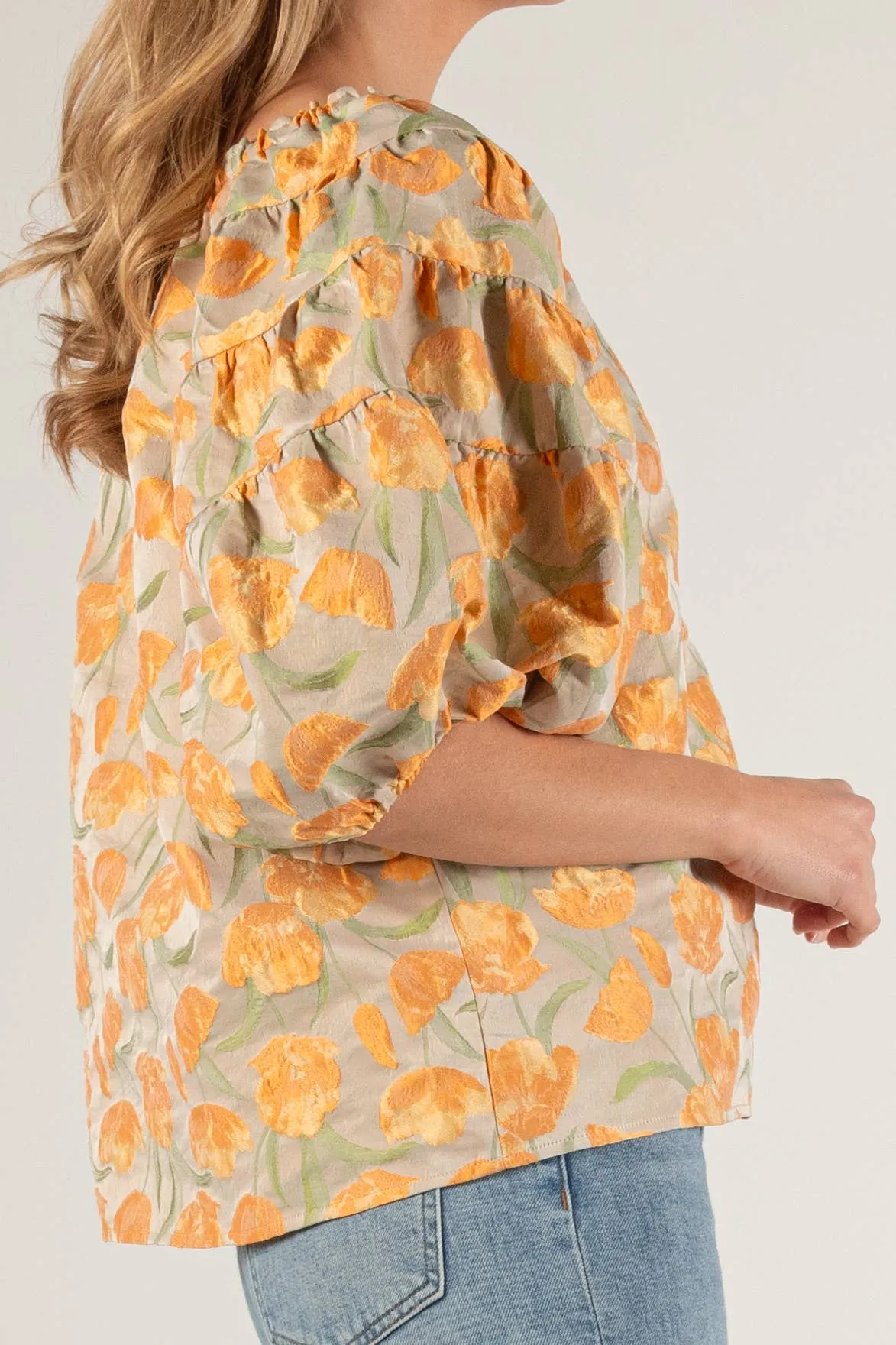 Tulip Jacquard Puff Sleeve Off Shoulder Top: Tangerine Multi