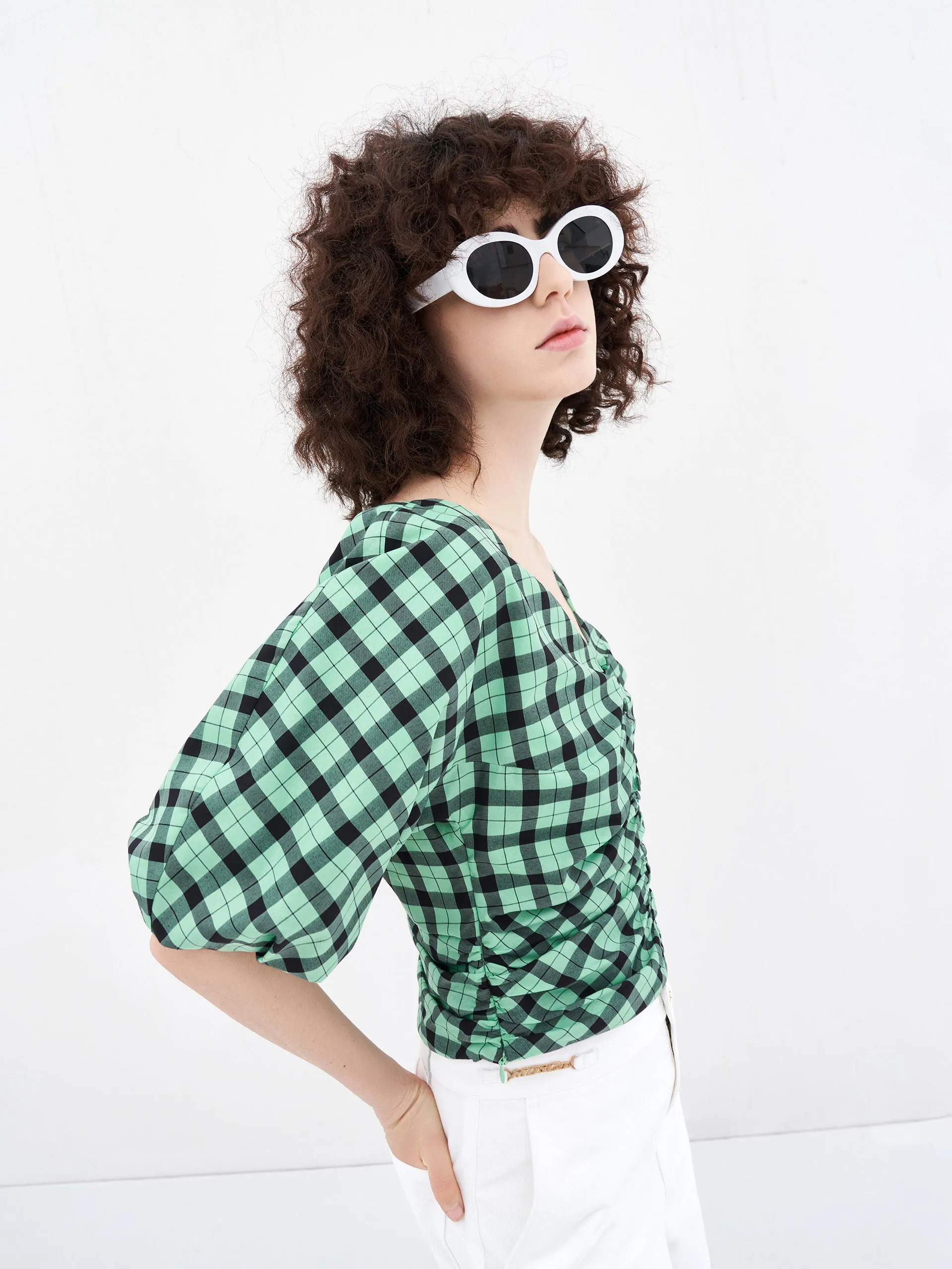 V-Neck Ruched Checkered Top