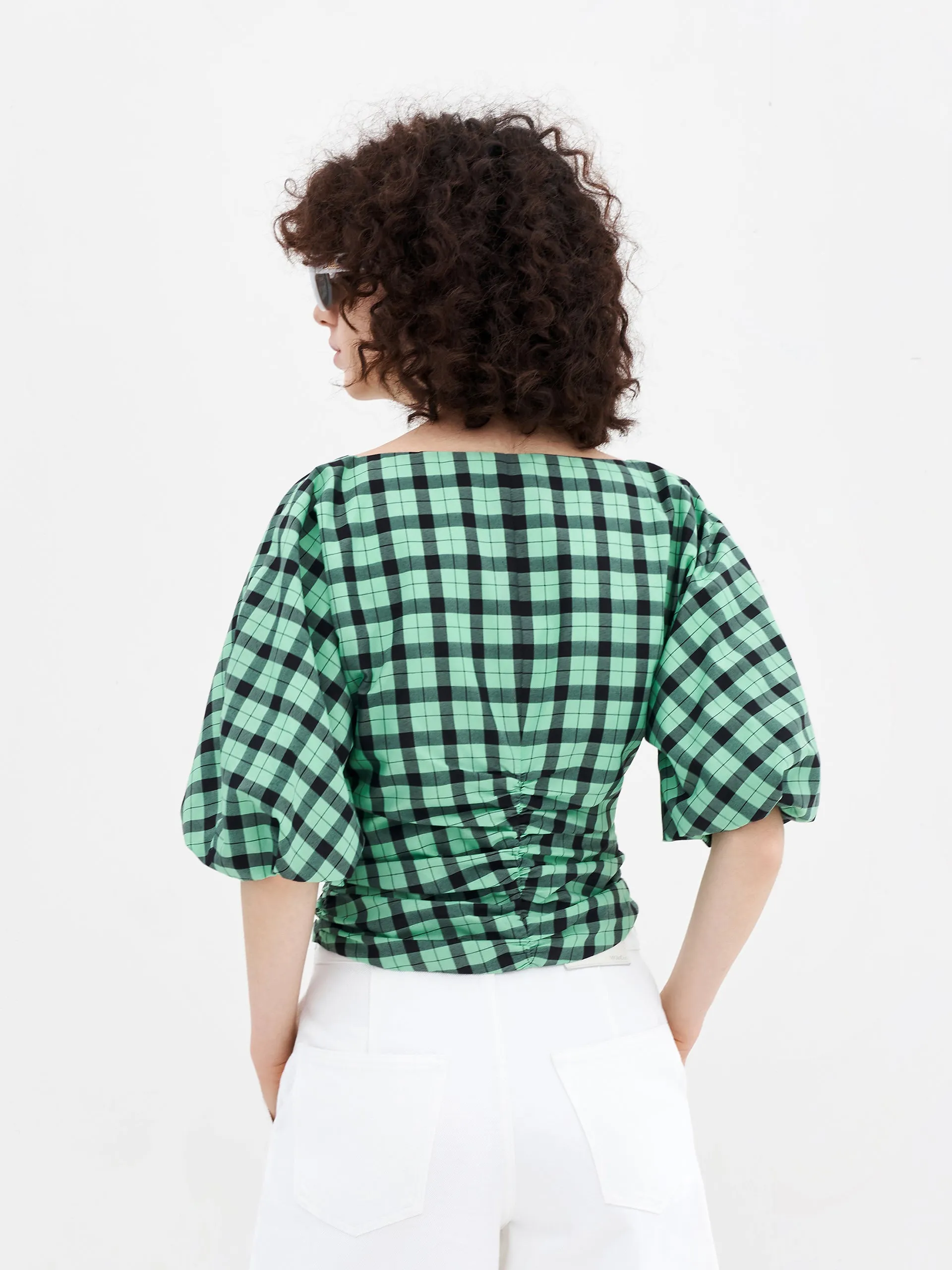 V-Neck Ruched Checkered Top