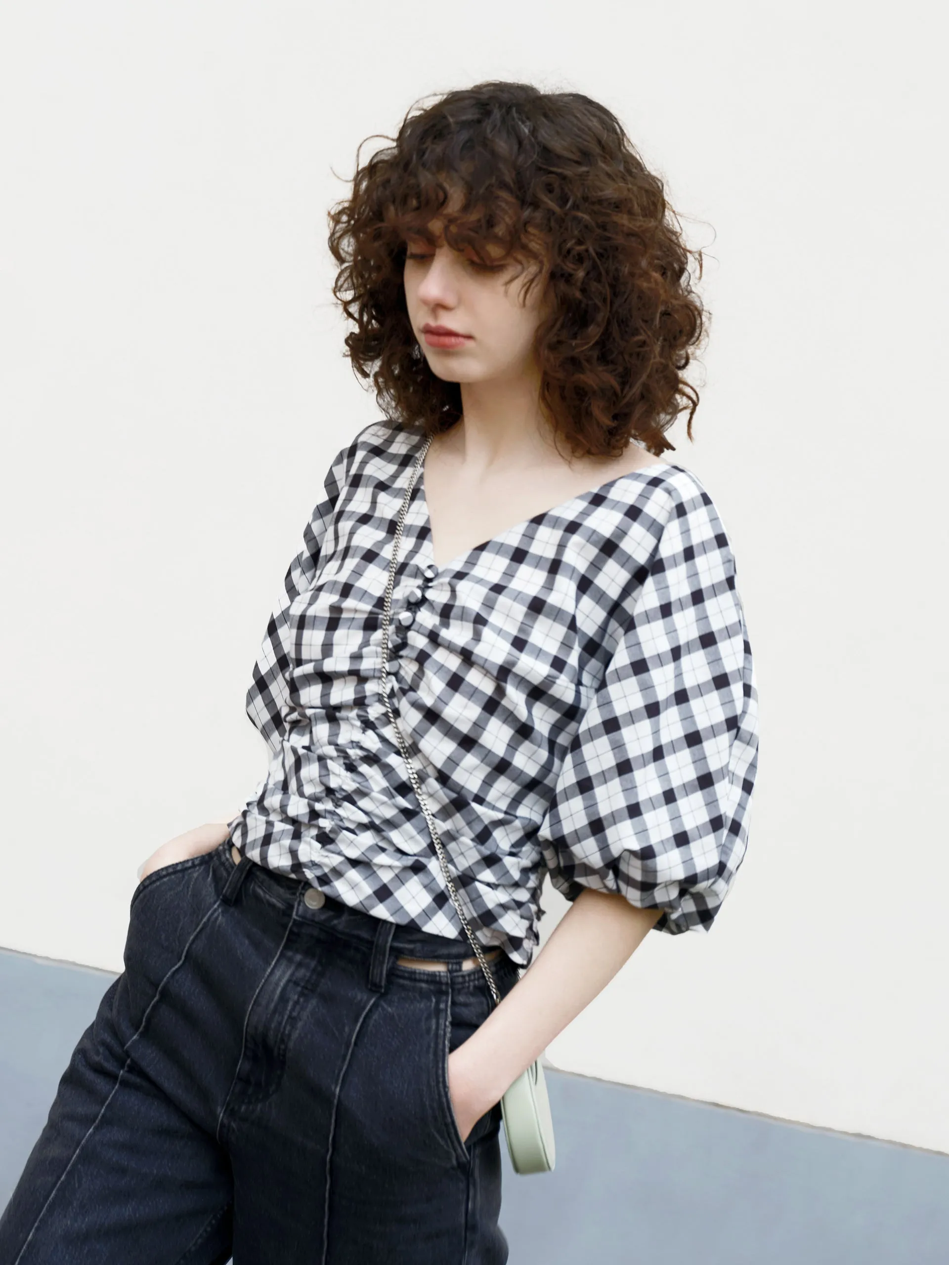 V-Neck Ruched Checkered Top