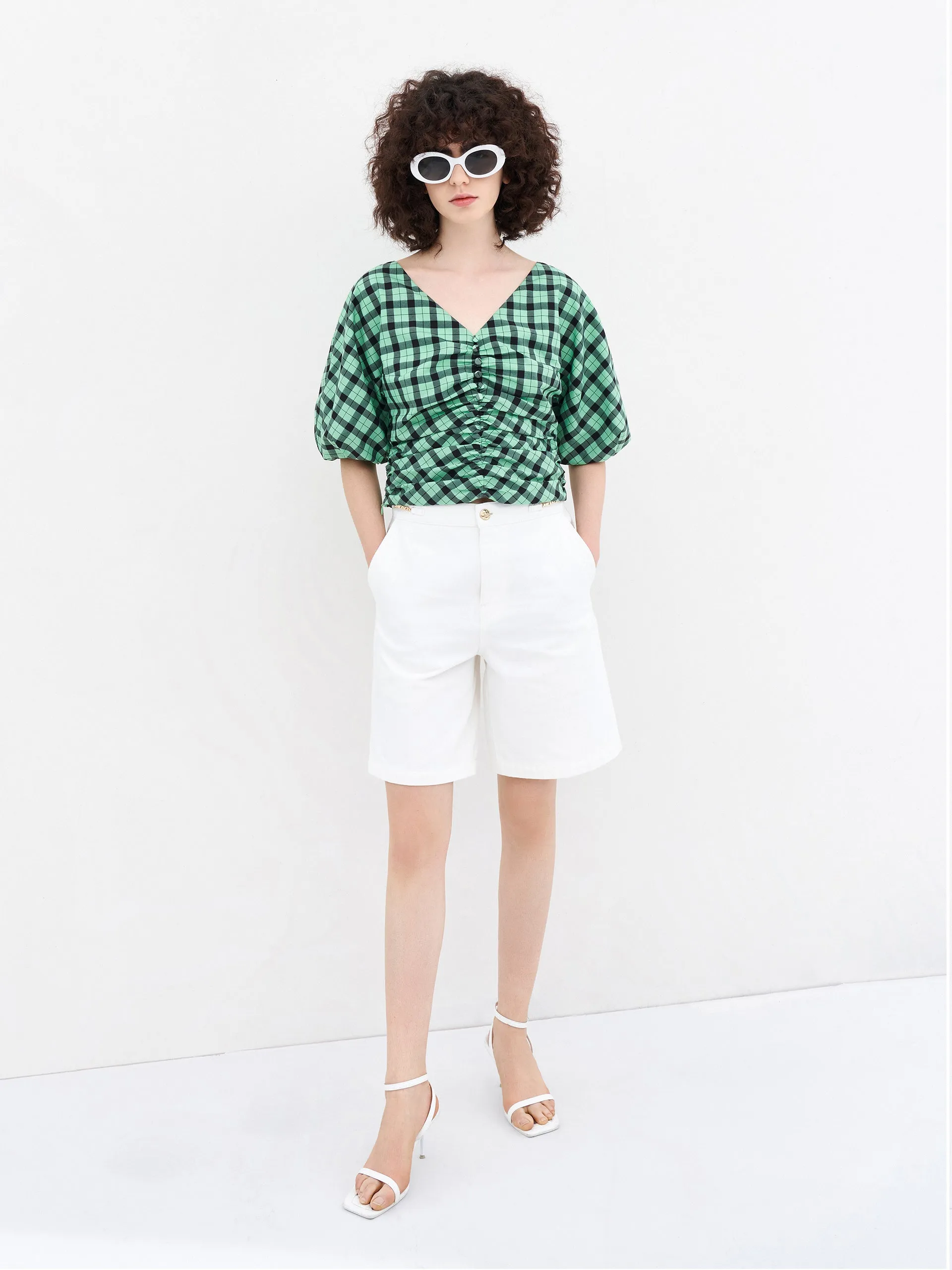 V-Neck Ruched Checkered Top