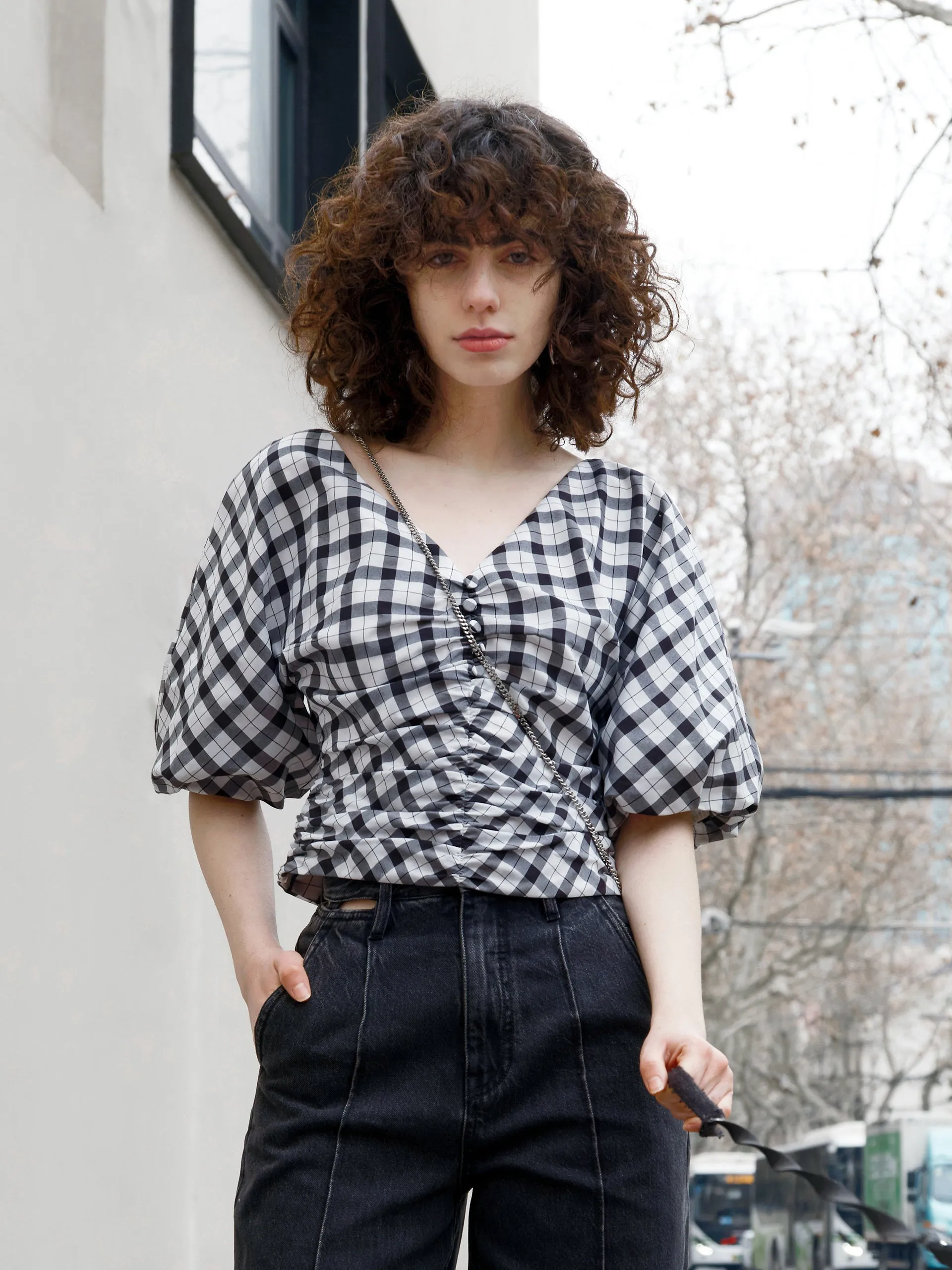 V-Neck Ruched Checkered Top