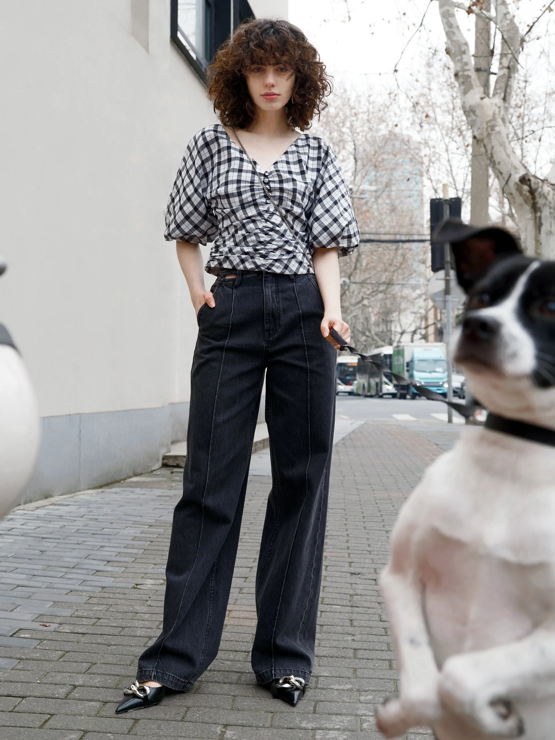 V-Neck Ruched Checkered Top