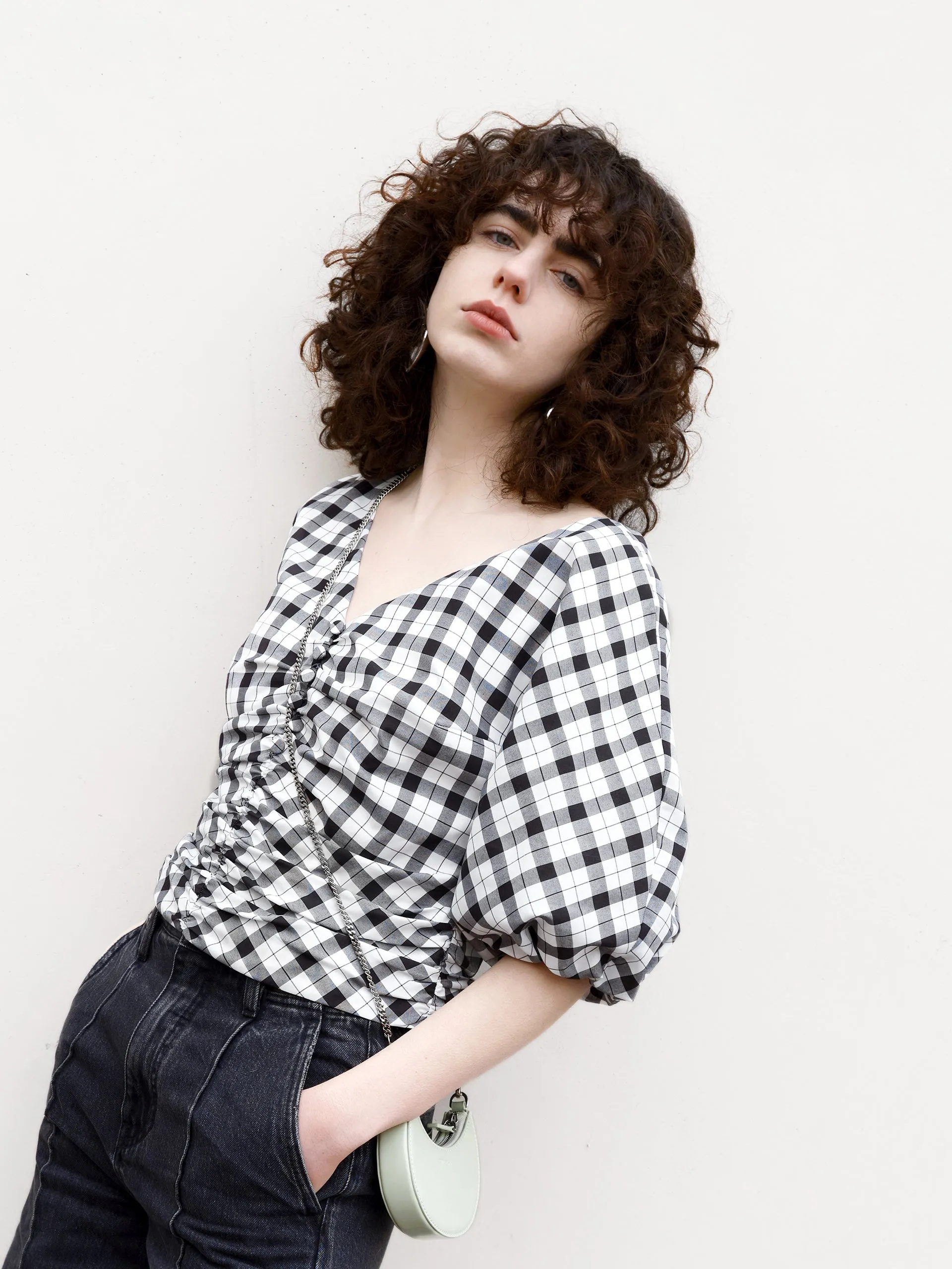 V-Neck Ruched Checkered Top