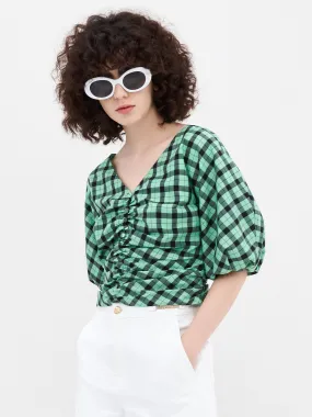 V-Neck Ruched Checkered Top