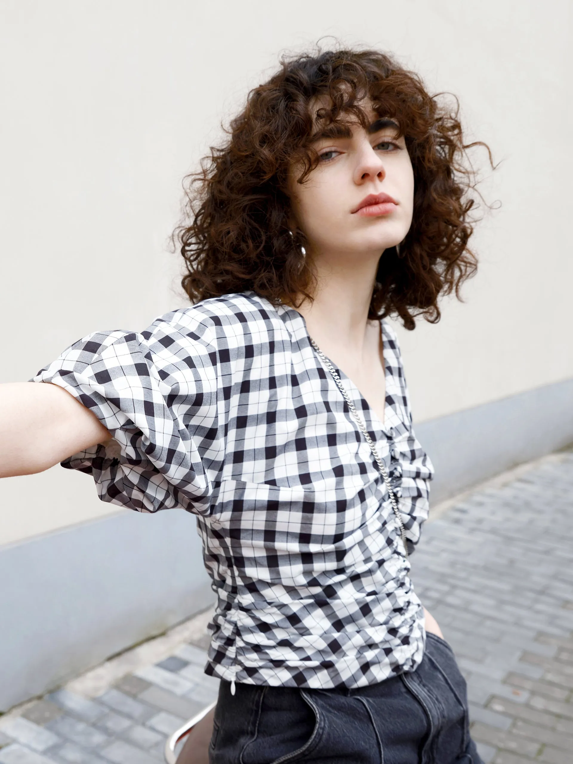 V-Neck Ruched Checkered Top