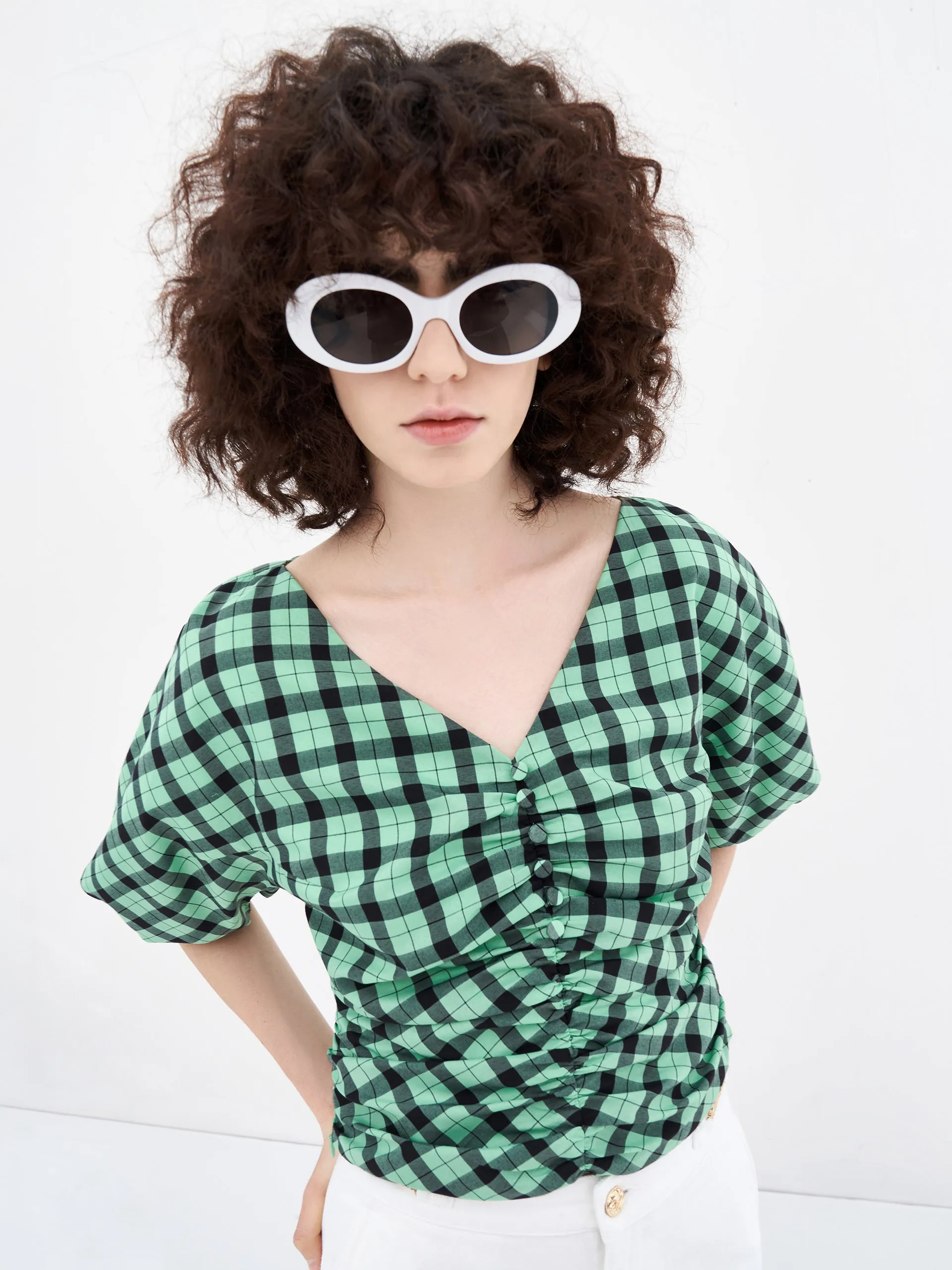 V-Neck Ruched Checkered Top