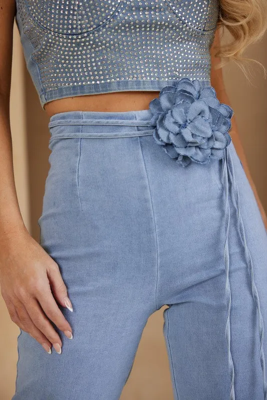 Valerie Flower high Rise Elevated Back Hidden Zipper Wide Leg Denim Pants