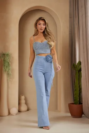 Valerie Flower high Rise Elevated Back Hidden Zipper Wide Leg Denim Pants
