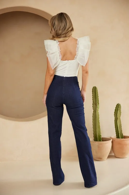 Valerie Flower high Rise Elevated Back Hidden Zipper Wide Leg Denim Pants