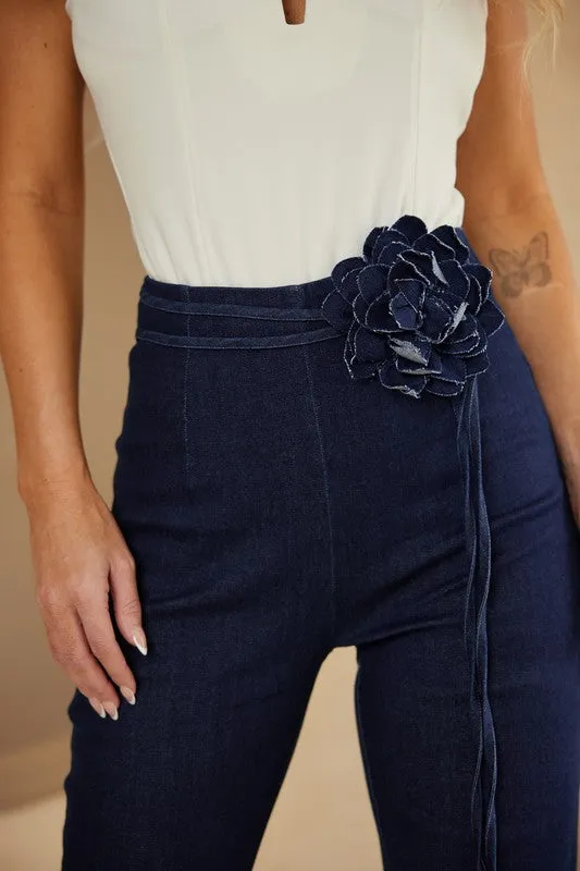Valerie Flower high Rise Elevated Back Hidden Zipper Wide Leg Denim Pants