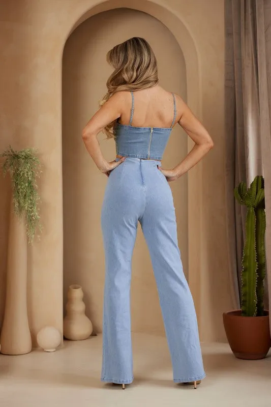 Valerie Flower high Rise Elevated Back Hidden Zipper Wide Leg Denim Pants