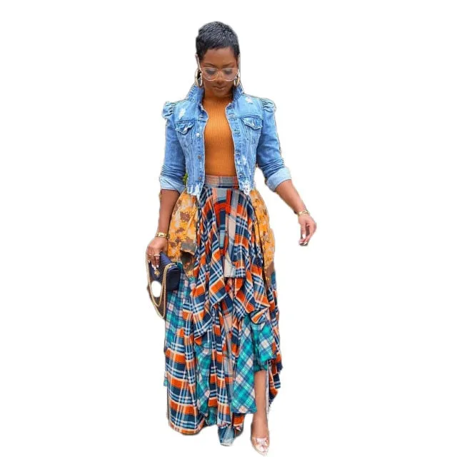 Vintage High Waist Plaid Checkered Tie Dye Patchwork Pleated Maxi Skirt