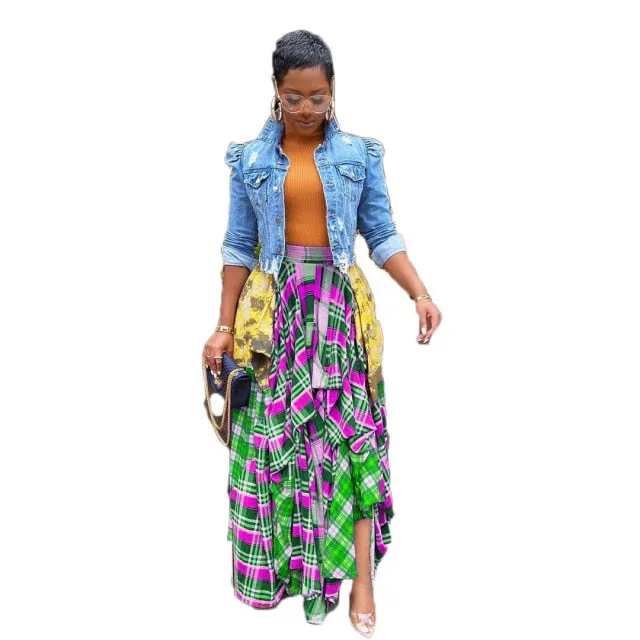 Vintage High Waist Plaid Checkered Tie Dye Patchwork Pleated Maxi Skirt
