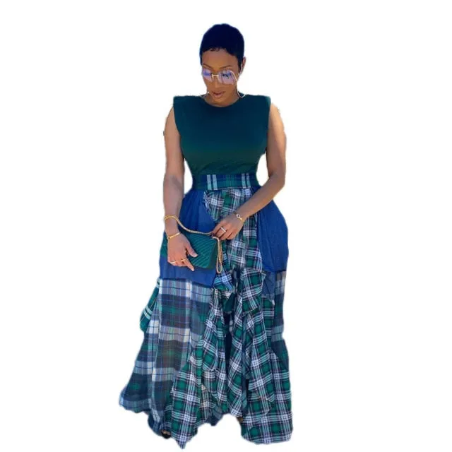Vintage High Waist Plaid Checkered Tie Dye Patchwork Pleated Maxi Skirt