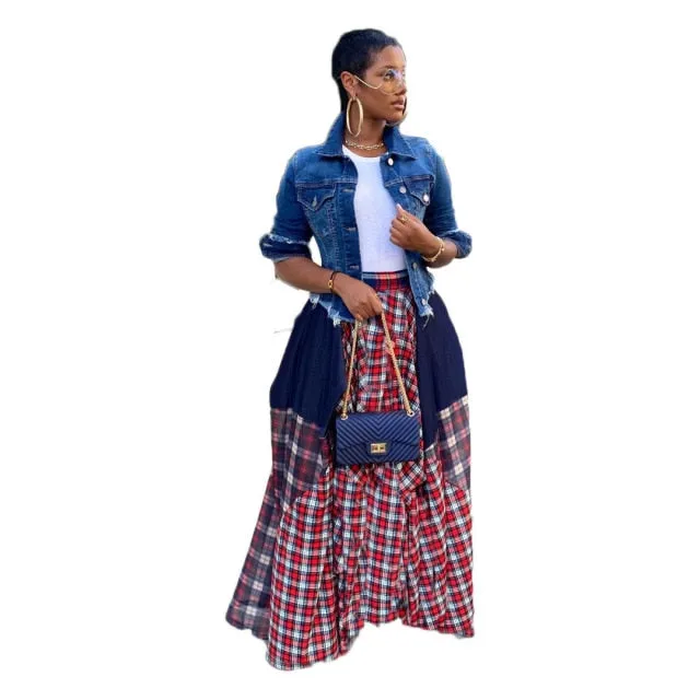 Vintage High Waist Plaid Checkered Tie Dye Patchwork Pleated Maxi Skirt