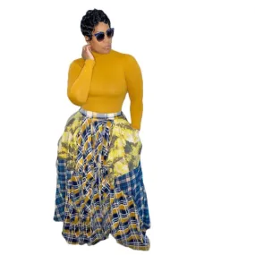 Vintage High Waist Plaid Checkered Tie Dye Patchwork Pleated Maxi Skirt