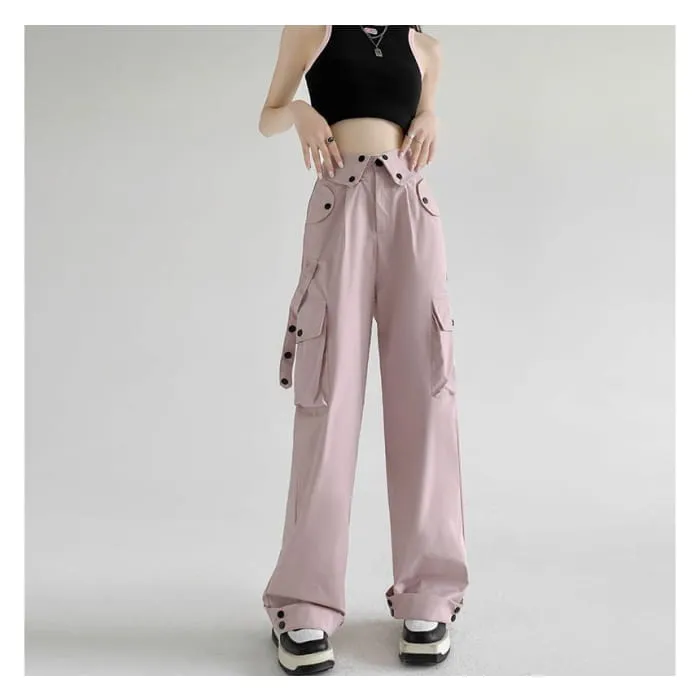 Waist Detailed Pocketed High Waist Plain Wide Leg Cargo Pants