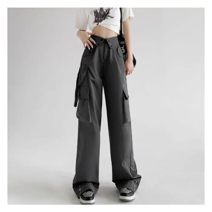 Waist Detailed Pocketed High Waist Plain Wide Leg Cargo Pants