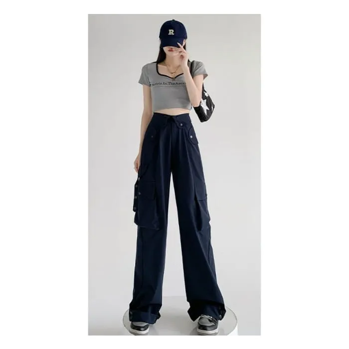 Waist Detailed Pocketed High Waist Plain Wide Leg Cargo Pants