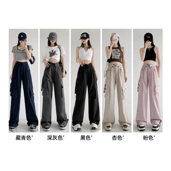 Waist Detailed Pocketed High Waist Plain Wide Leg Cargo Pants