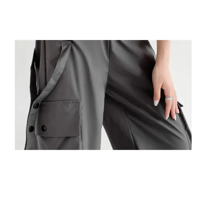 Waist Detailed Pocketed High Waist Plain Wide Leg Cargo Pants