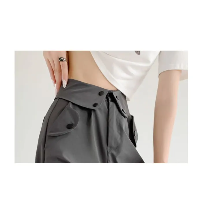 Waist Detailed Pocketed High Waist Plain Wide Leg Cargo Pants