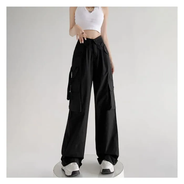 Waist Detailed Pocketed High Waist Plain Wide Leg Cargo Pants