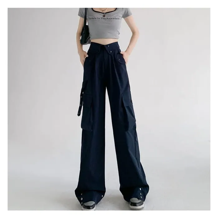 Waist Detailed Pocketed High Waist Plain Wide Leg Cargo Pants
