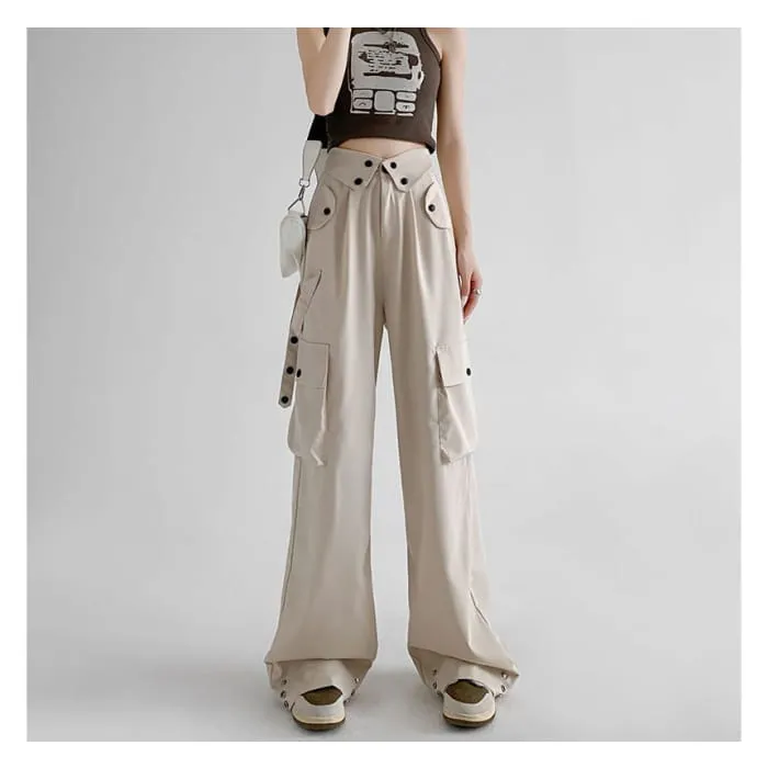 Waist Detailed Pocketed High Waist Plain Wide Leg Cargo Pants