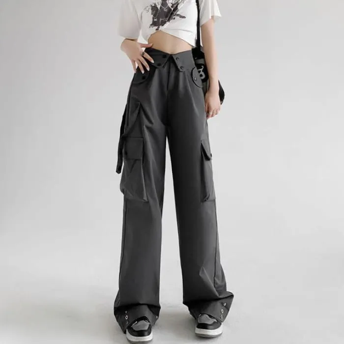 Waist Detailed Pocketed High Waist Plain Wide Leg Cargo Pants