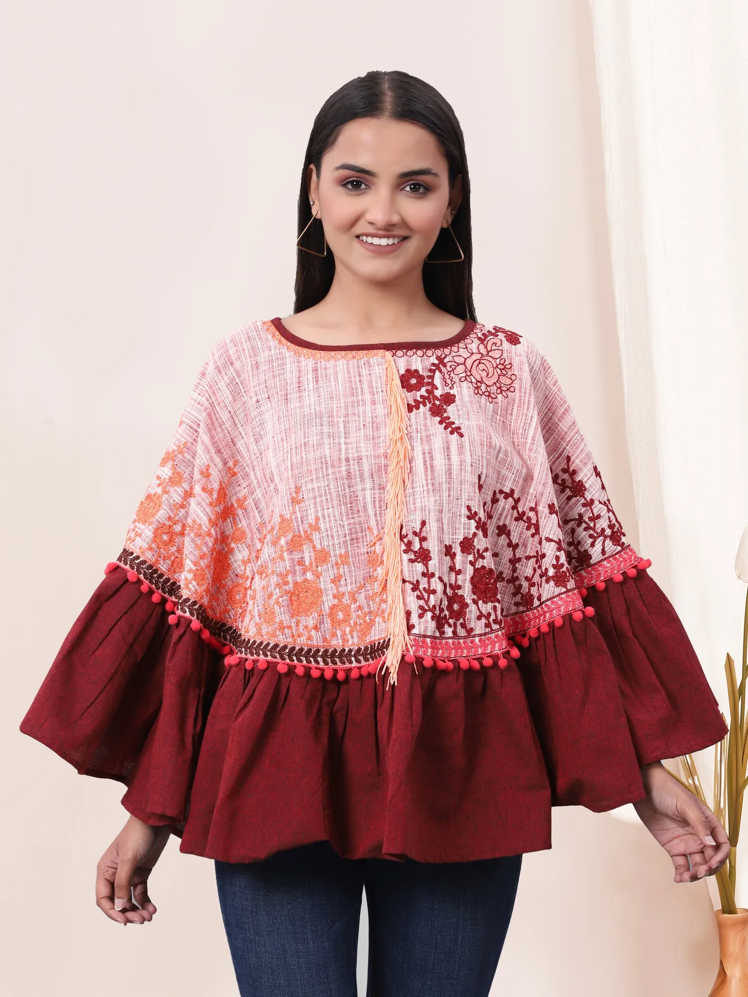 Wine Frill Floral Circular Khadi Poncho