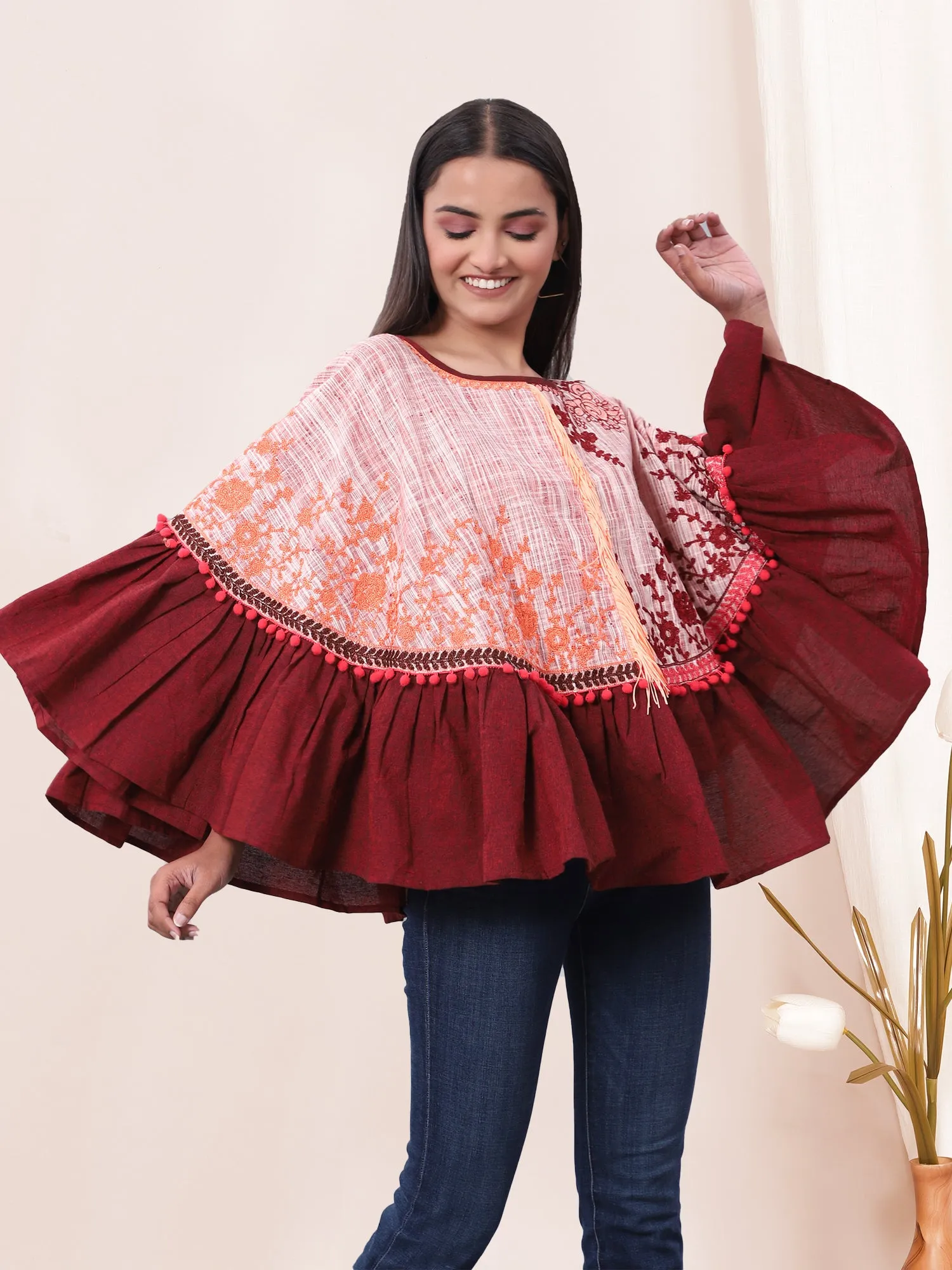 Wine Frill Floral Circular Khadi Poncho