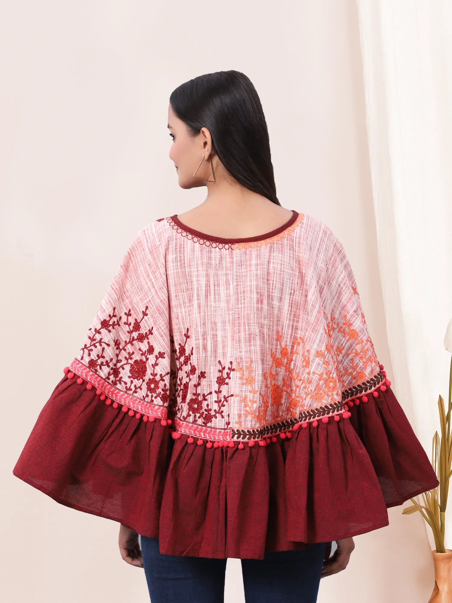 Wine Frill Floral Circular Khadi Poncho