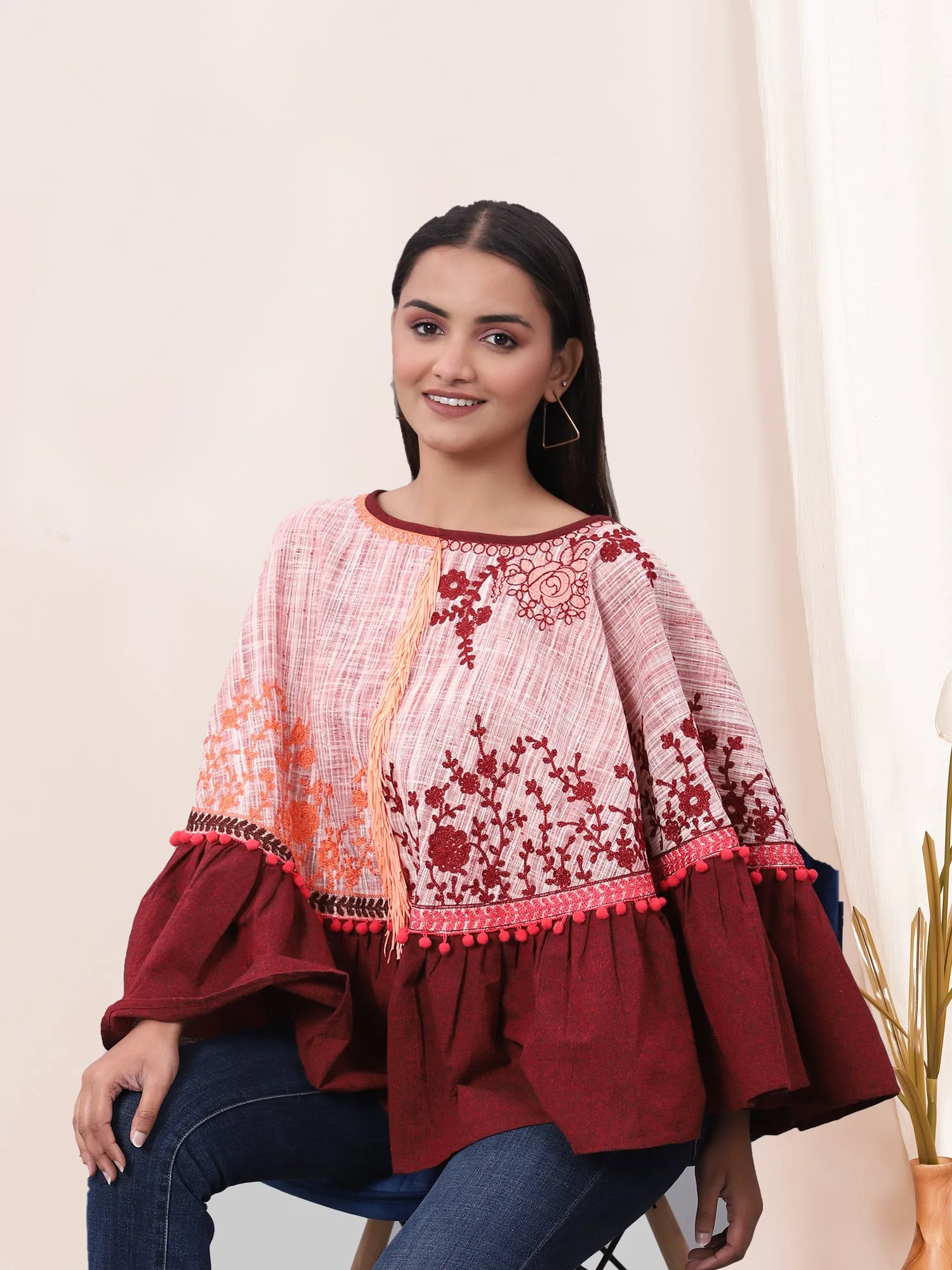 Wine Frill Floral Circular Khadi Poncho