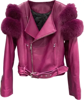 Women’s Burgundy Wine  Genuine Lambskin Sherpa Shearling Faux Fur Fluffy Sleeves Classic Outfit Smooth Lightweight Leather Jacket